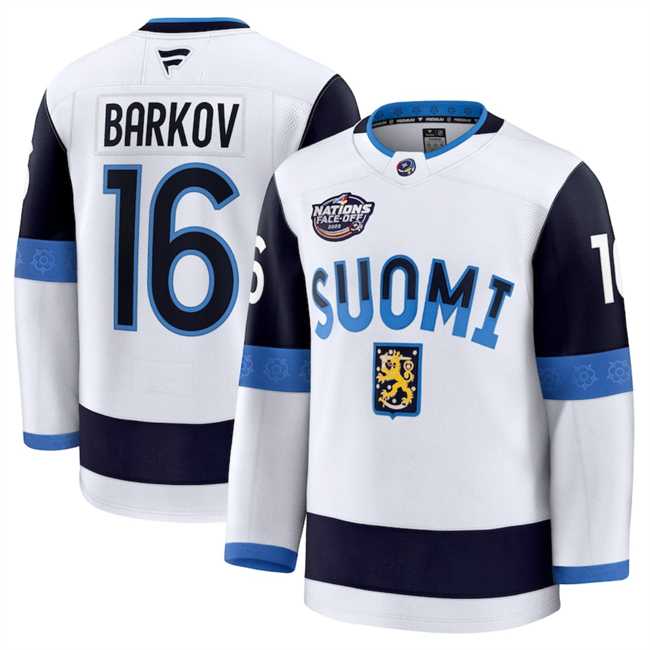 Mens Finland #16 Aleksander Barkov White 2025 4 Nations Face-Off Premium Stitched Jersey Dzhi